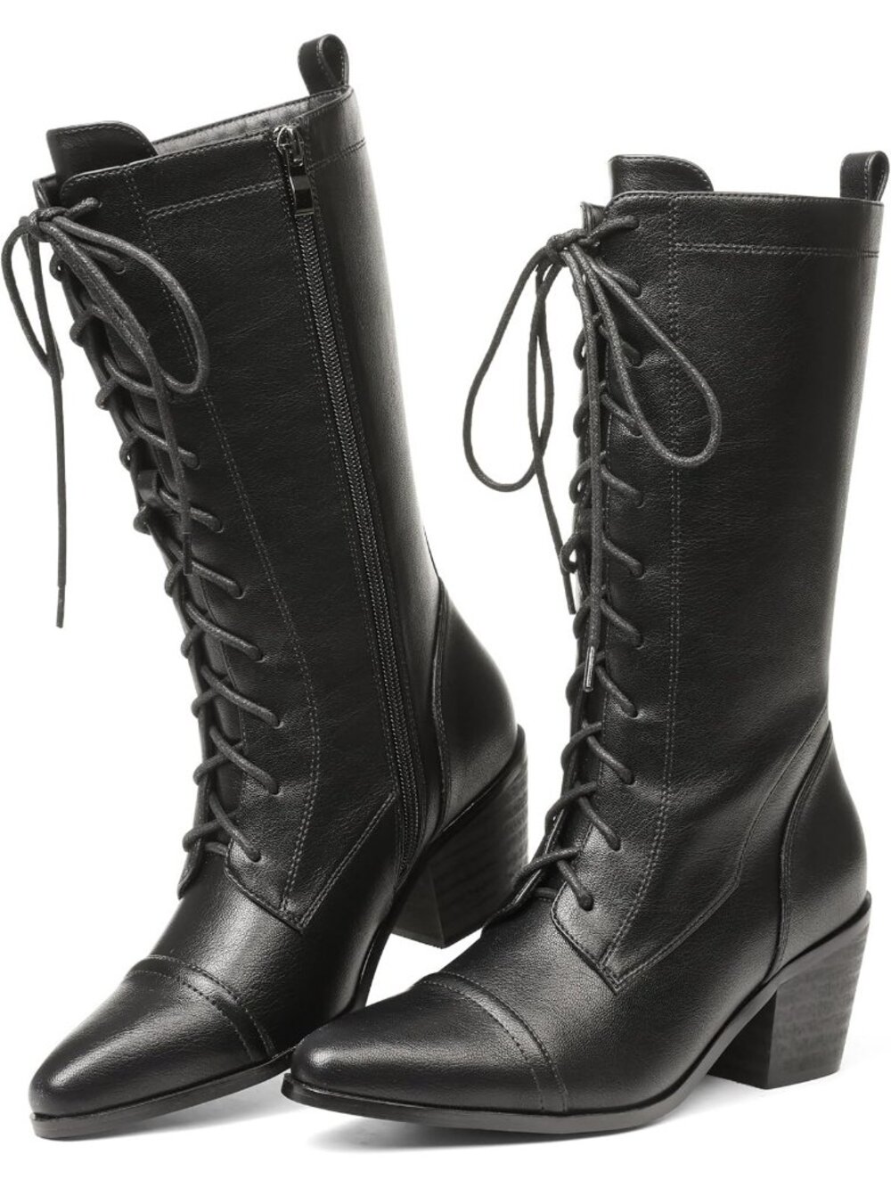 Women's Black Lace Up Chunky Heel Vintage Combat Heeled Dress Casual Boots